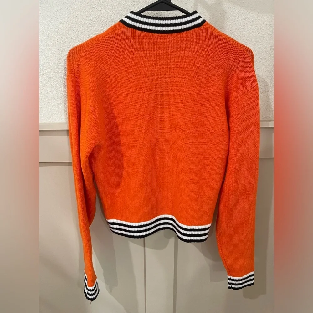 Teddy Fresh Orange Button Up Bear Cardigan with Striped Trim - Picture 6 of 6